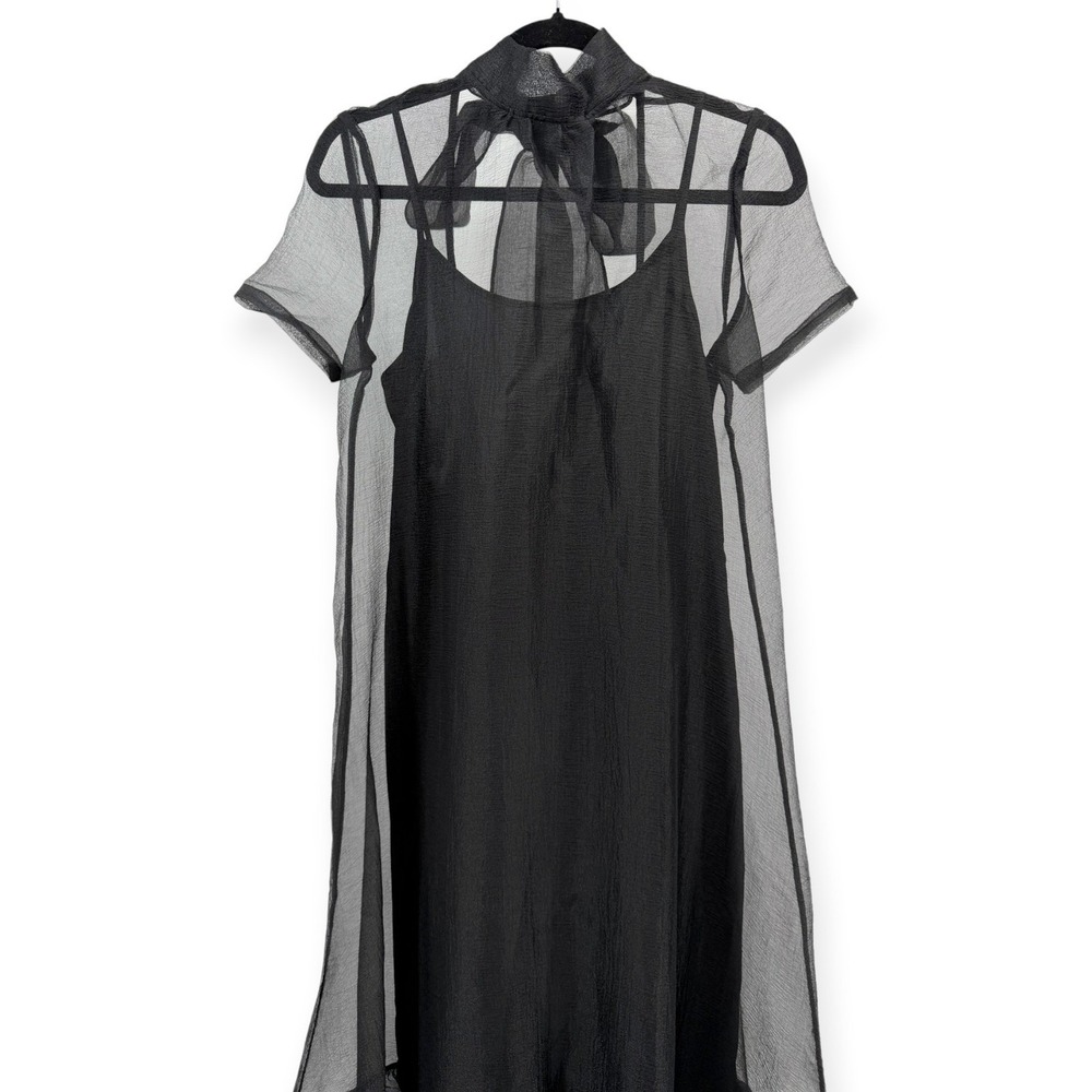 NWT CAARA Melody High Neck Organza Tie Neck Tiered Hem Dress Black - Size Large - Picture 7 of 12